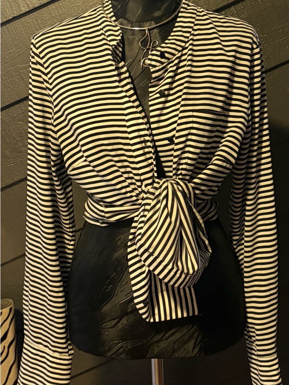 Calvin Klein Black & White Striped Tie-Front Blouse